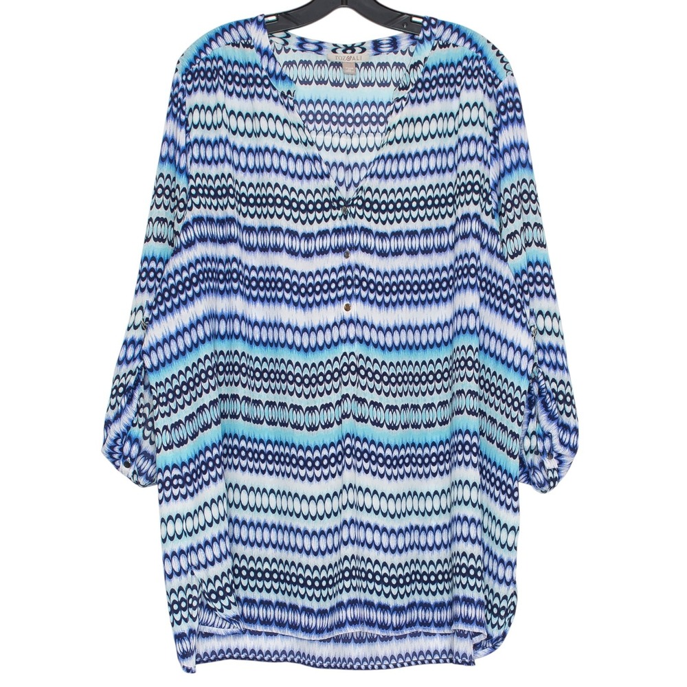 Roz & Ali Plus Size 3X Blue Stripe Boho Popover Top Flowy 3/4 Sleeve Lightweight